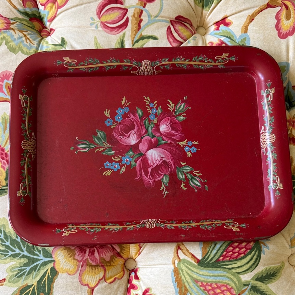 Mid century modern red tole painted tray. Floral. 17 1/2 by 12 1/2 inches tall